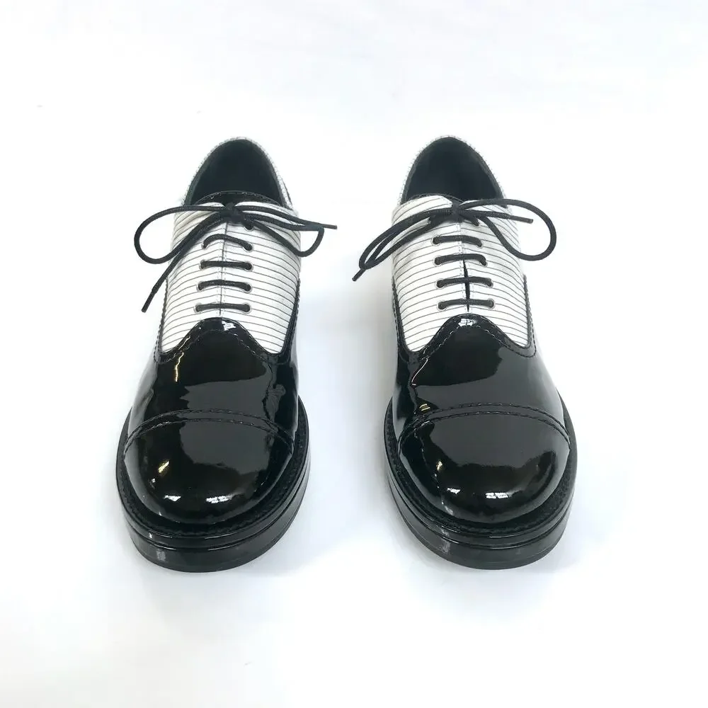 🪄100% Auth CHANEL Chunky Black Patent Pinstripe Lace Up Oxford Shoes sz 42 12 - Picture 2 of 14